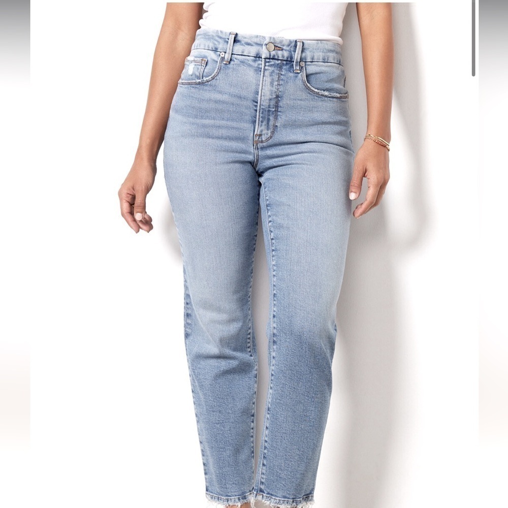 Good American Good Boy High Rise distressed waist + hem jeans size 15 / 33